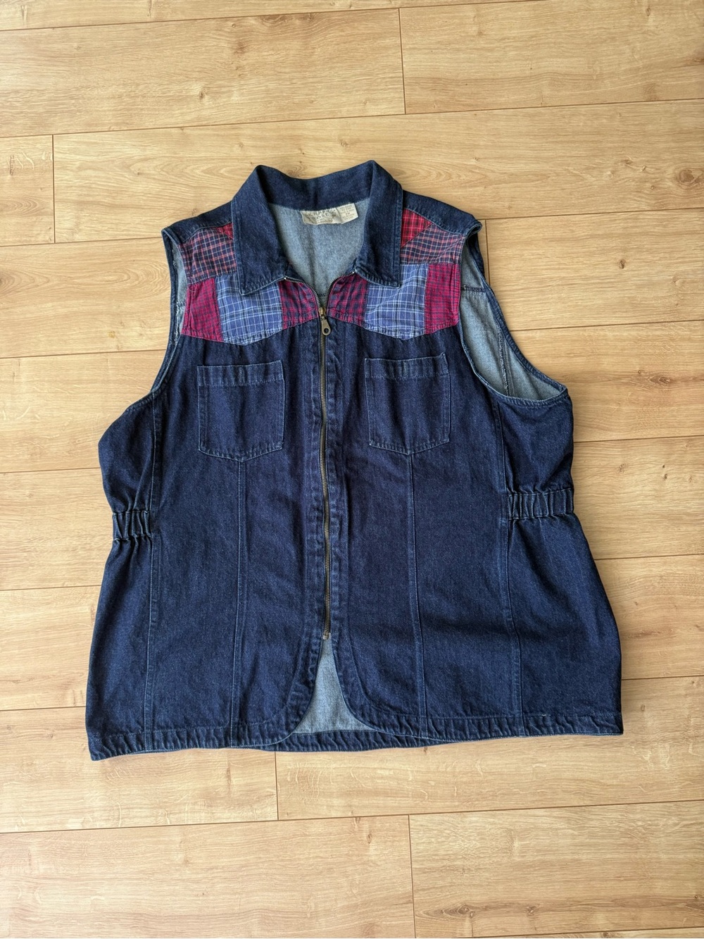 Khaki Rose Denim Patchwork Vest Plaid Western Zip Up Cotton Indie Boho